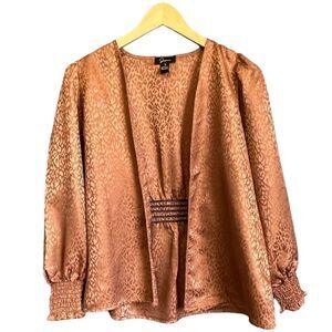 Japna Ruched Smocked Leopard Animal Print Satin Cardigan